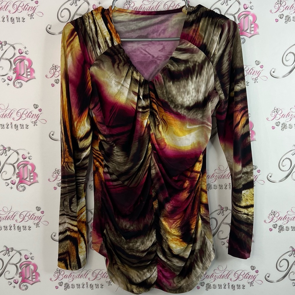 Long sleeve rutched swoop style animal print Multicolor Ruched Women's Top